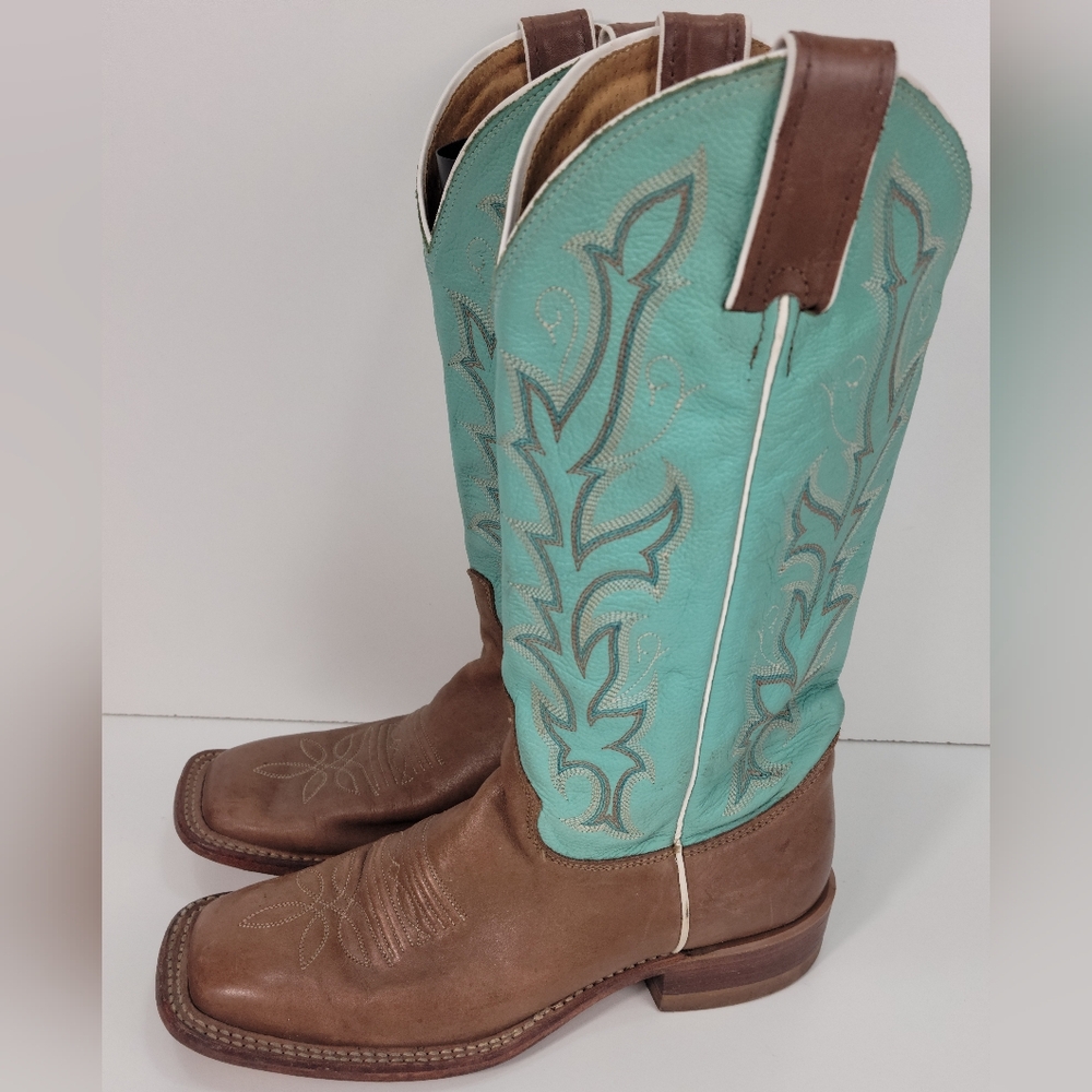 Justin Boots BRL310 Bent Rail Brown Sea Green Square Toe Leather Boots Wm Sz 7 B